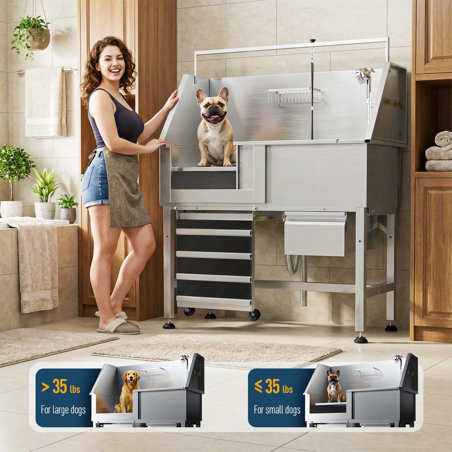 46" Heavy Duty Dog Washing Station - 304 Stainless Steel Pet Bathing Tub with Left Side Ramp, Elevated Grooming Sink with Storage Drawer & Removable Floor Grate, Outdoor Ready for Large & Medium Dogs