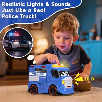 Remote Control Police Car Truck Toy Cars for Toddlers 1-3 with Sirens &amp Flashing Lights Cartoon RC Emergency Vehicle for Kids 3-5 Boys &amp Girls