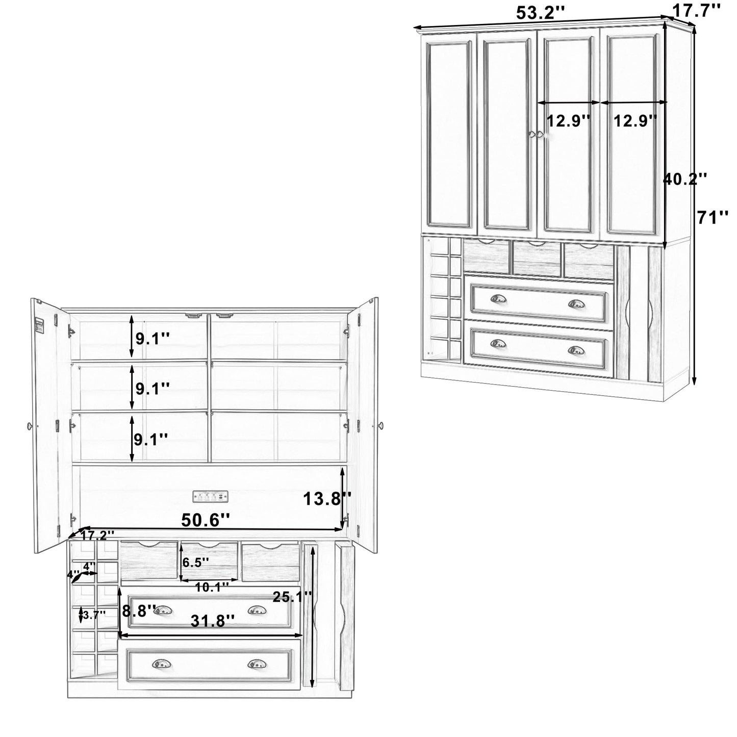 Merax Farmhouse 71" Large Kitchen Pantry Cabinet with Power Outlet, 53.2" Wide Storage Cupboard with 4 Foldable Doors, Adjustable Shelves, Wine Racks & Serving Trays, for Dining Room, White