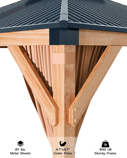 GAOMON Hardtop Spruce Wood Gazebo 10'x10', with Double Roof of Metal Sheets, 4.7'' Heavy Duty Poles, Net, and Curtain, Permanent Building for Patio, Deck, Backyard, Lawn, and Garden, Khaki