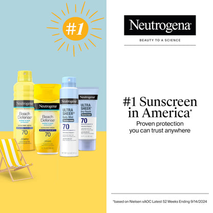 Neutrogena Beach Defense Sunscreen Spray SPF 70, Hawaii Reef Act 104 Compliant, Octinoxate & Oxybenzone Free, Broad Spectrum, Fast Absorbing & Lightweight, Face and Body Sunscreen, 6.5 Oz
