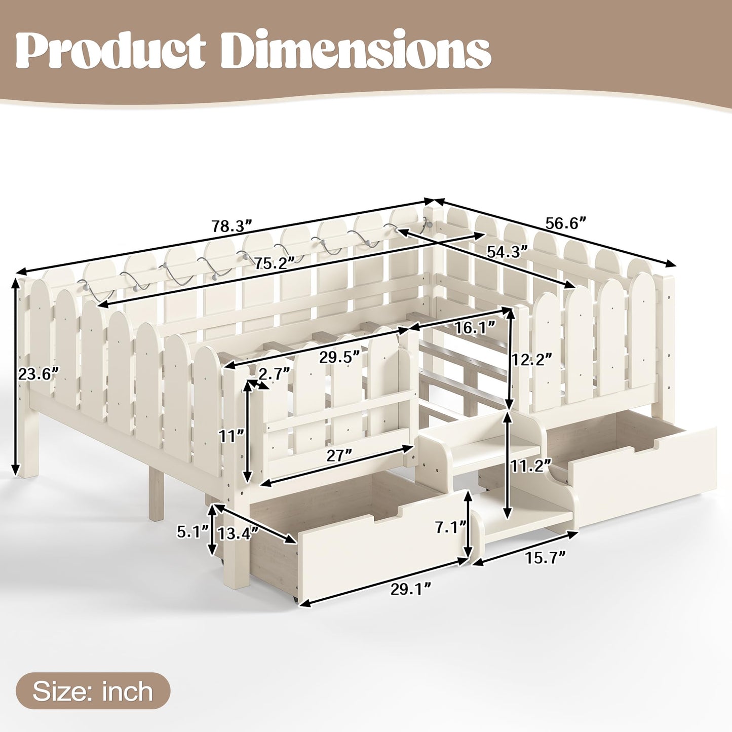 Bellemave Full Kids Montessori Bed with Stairs, Bookshelf and LED Lights, Solid Wood Kids Bed Frame with Storage Drawers for Boys Girls, Low Profile,Beige