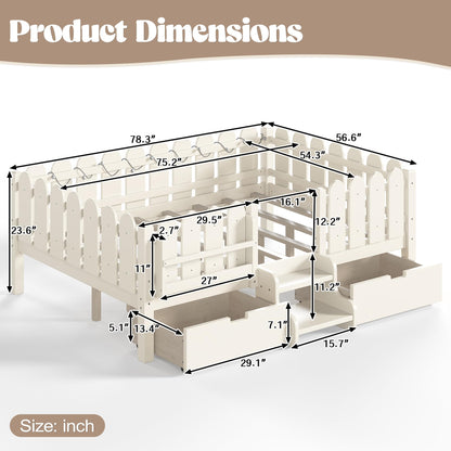 Bellemave Full Kids Montessori Bed with Stairs, Bookshelf and LED Lights, Solid Wood Kids Bed Frame with Storage Drawers for Boys Girls, Low Profile,Beige