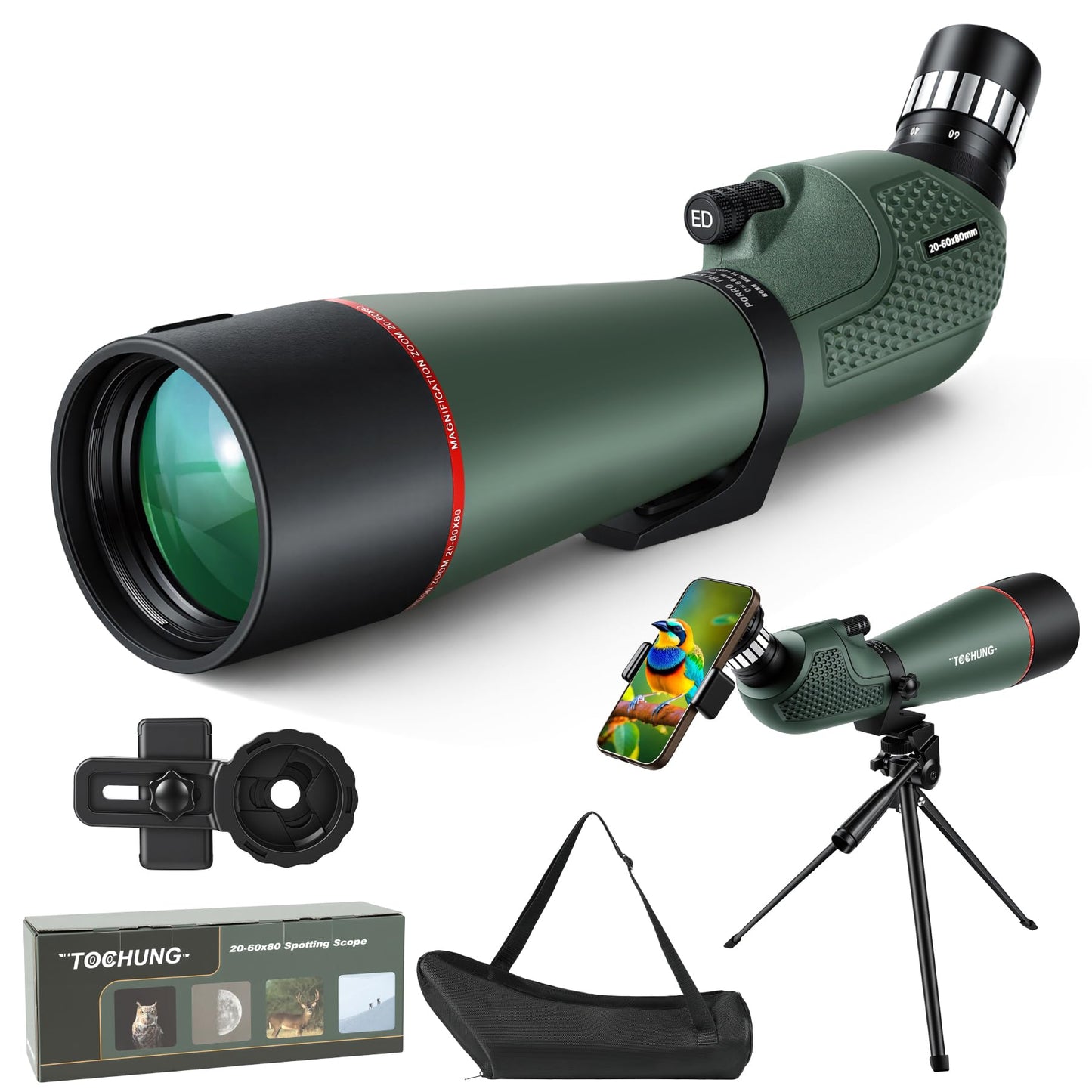 TOCHUNG 20-60x80 HD Spotting Scope | Waterproof & Fogproof High-Powered Telescope for Long-Distance Birdwatching, Target Shooting, Astronomy | Included Phone Adapter & Tripod & Carry Bag