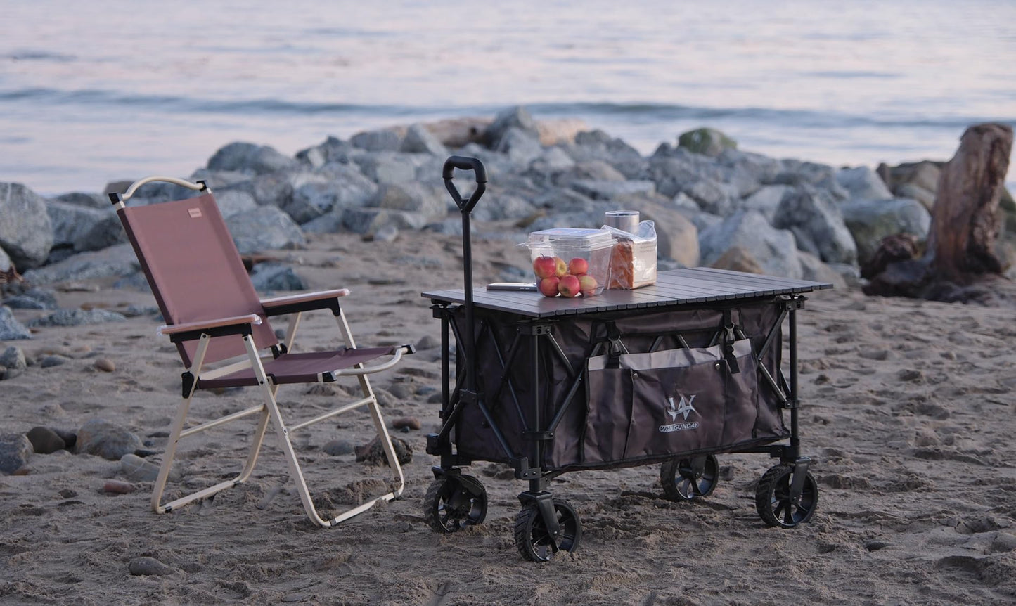 Whitsunday Folding Collapsible Utility Wagon, 400Lbs Heavy Duty Outdoor Park Beach Wagon with Table and Side Pocket for Garden Camping Sports Shopping Grey