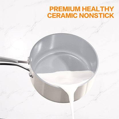 FELAMP Ceramic Nonstick Cookware Set, 10-Piece Non Toxic Pots and Pans Set with Glass Lids, PFOA-Free Healthy Kitchen Ware, Induction Compatible & Oven Safe, Easy Clean Dishwasher Safe - Cream White