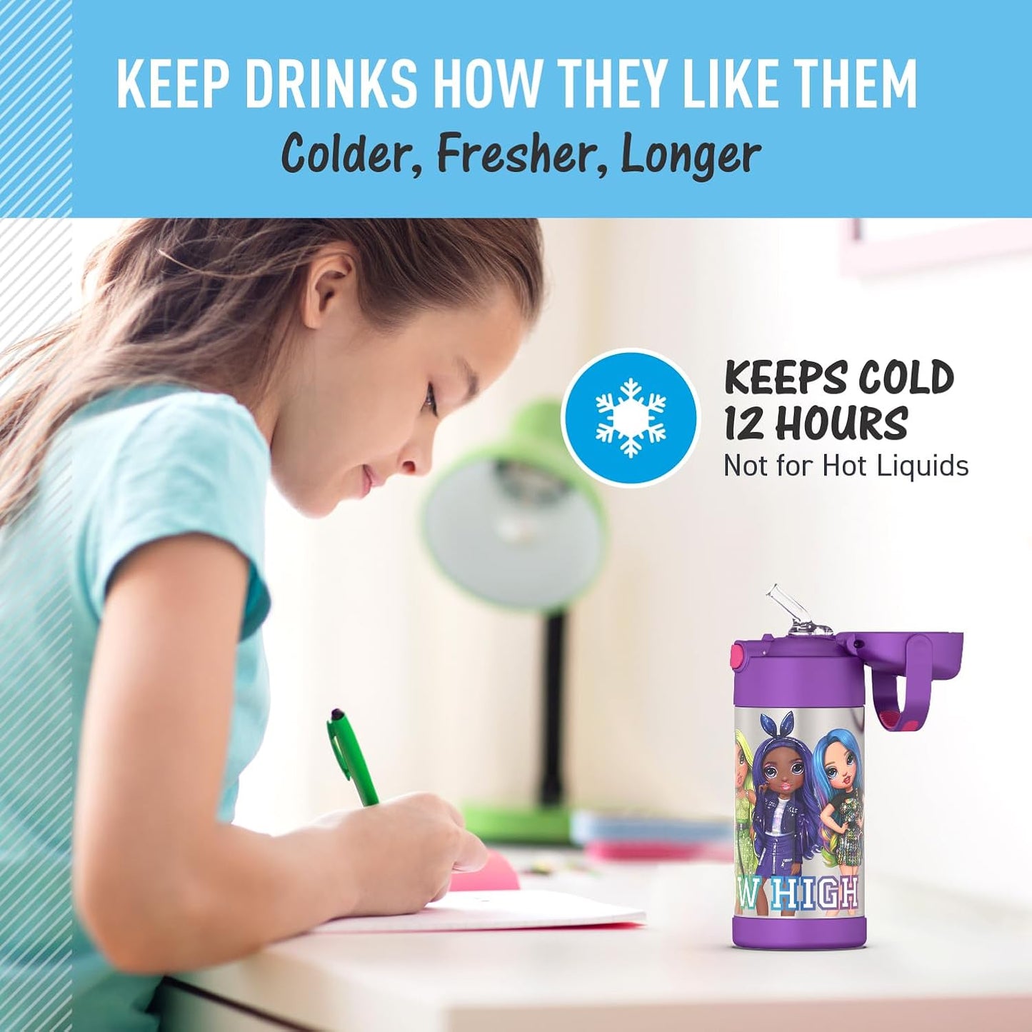 THERMOS FUNTAINER 12 Ounce Stainless Steel Kids Straw Bottle - Vacuum Insulated | Rainbow High Design