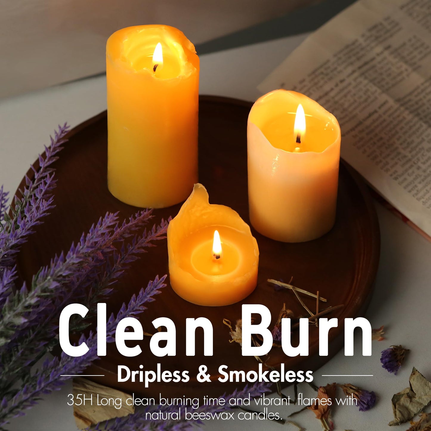 Natural Beeswax Candles 4 Packs, Beeswax Pillar Candles with 140 Hours Burn Time, Organic Emergency Candle Long Burning for Home Room, Smokeless & Dripless, 2x4 inch
