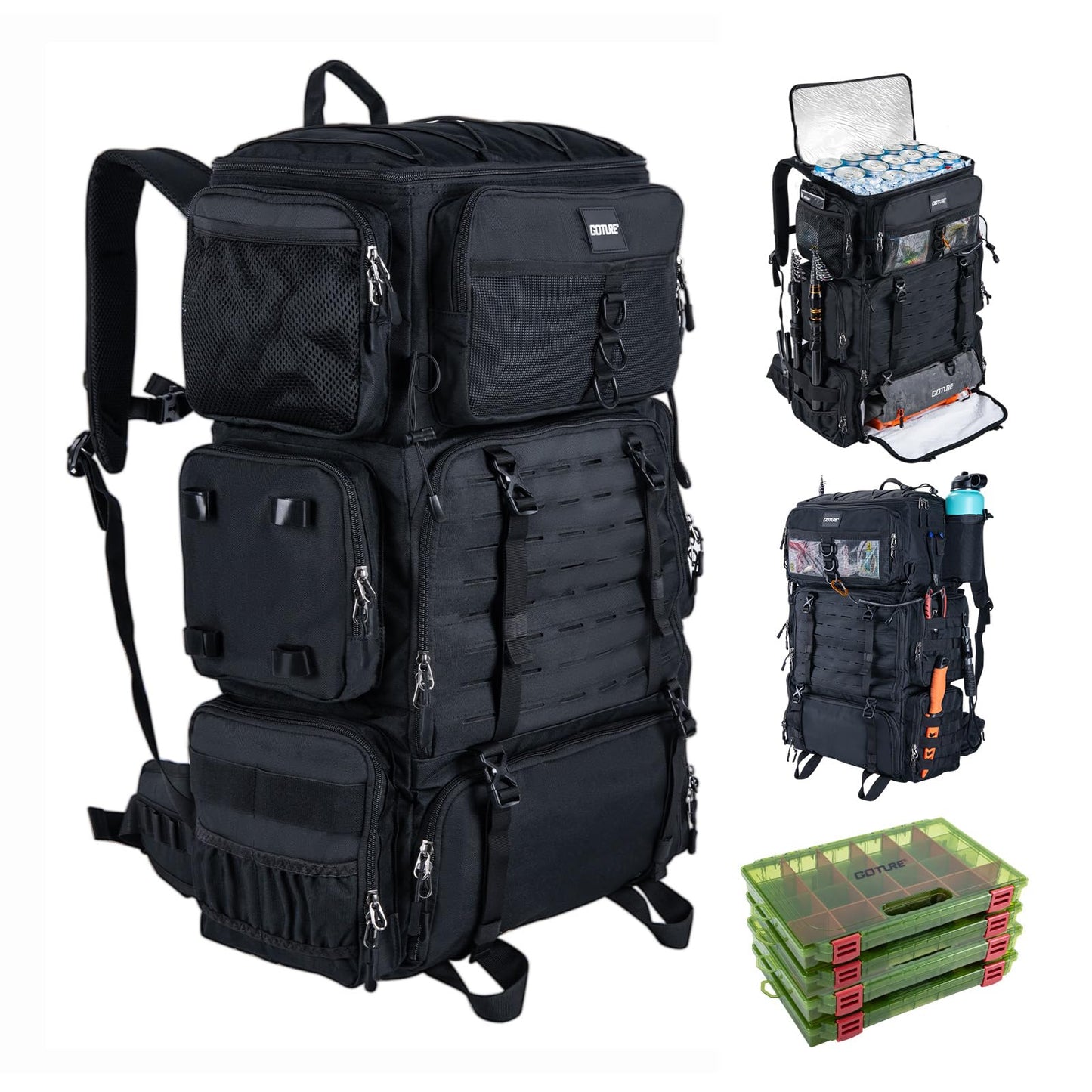 Goture Fishing Backpack with Cooler, 72L 600D Tackle Backpack Included 4 3700 Tackle Boxes, Dry & Wet Split Compartment, Large Fishing Tackle Bag with Rod Holders,Rain Cover for Travel Camping Hiking