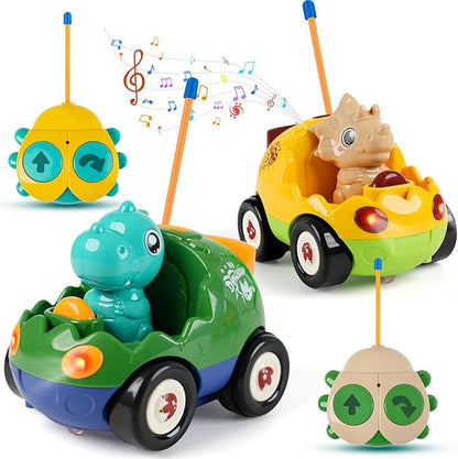 MagicKidz Dinosaur RC Car for Kids - 2-Pack Remote Control Dino Toy Cars for Boys Toddlers Ages 18+ Months 2 3 4 5 Year Old Birthday Gifts with Lights and Music