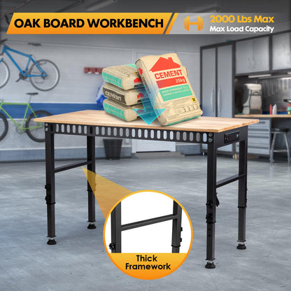 48" Height Adjustable Workbench, 2000 LBS Load Capacity Rubber Wood Top Workstation with Power Outlet and Foot Pads, Heavy-Duty Hardwood Worktable for Garage Workshop (with Foot Pads and Socket,48'')