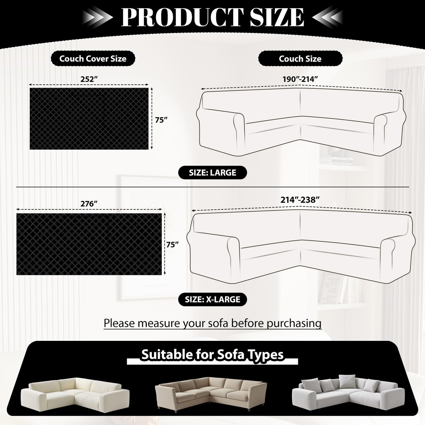HYZOTEX Waterproof Sectional Couch Covers Sectional Sofa Cover L Shaped Corner Sofa Slipcovers Blanket for Dogs Pets Washable Jacquard Quilted L Shape Furniture Protector (75x276 in, Charcoal Black)