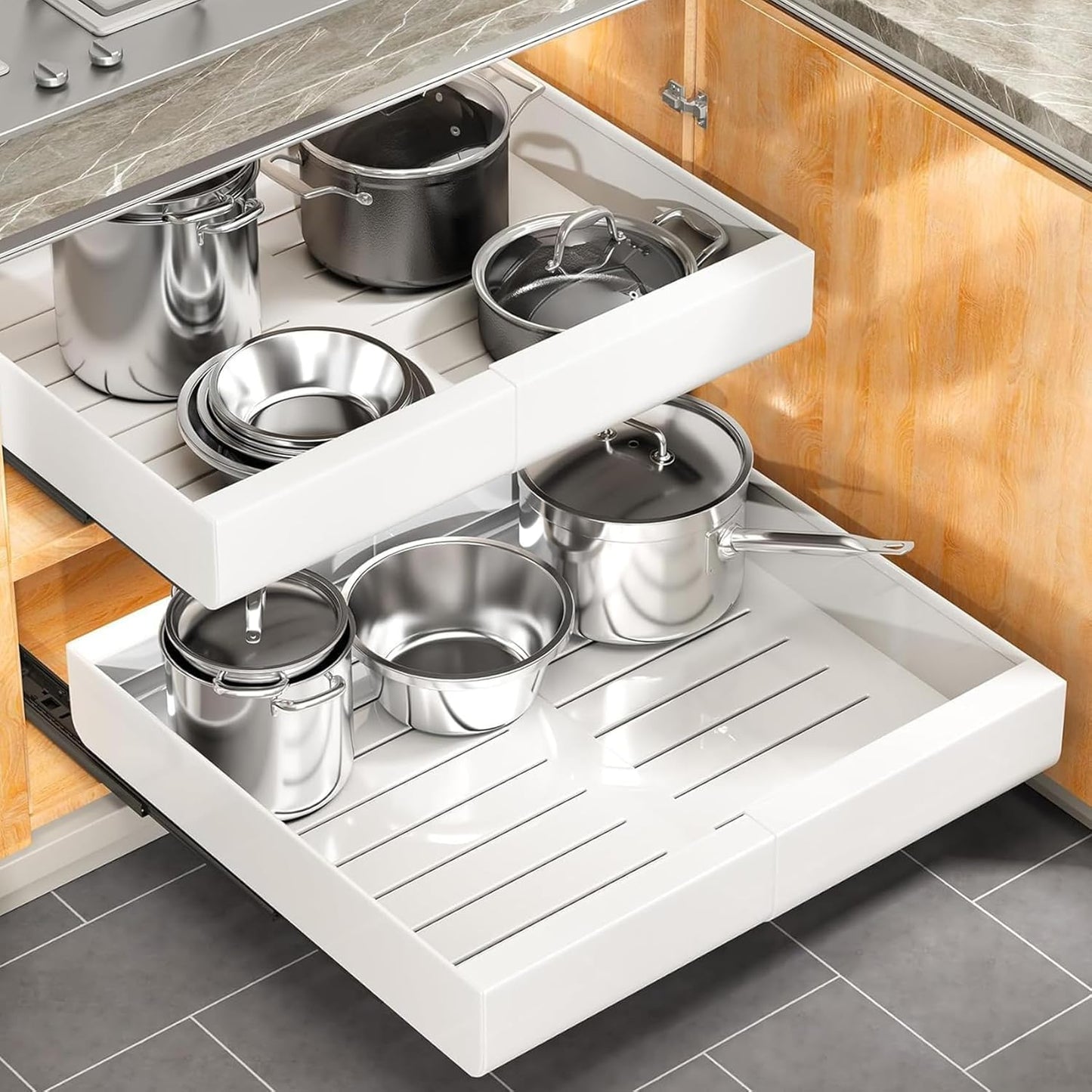 Skiennix Pull-Out Cabinet Organizer - Expandable Heavy-Duty Slide-Out Drawers (12"-20") for Kitchen Storage