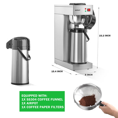 NUPANT Commercial Airpot Coffee Brewer 2.2L/74oz Dirp Coffee Maker with 24H Insulated Thermal Carafe Stainless Steel Pour Over Coffee Machine 120V/1450W COFFEE Dispenser for Café Restaurant Cafateria
