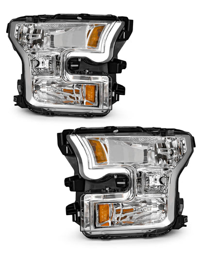 for Ford F150 2015 2016 2017 Headlight Assembly Halogen Lamp Chrome Housing Amber Reflector Driver Side and Passenger Side (Does not fit Models Equipped with LED or HID Headlights)（W/O Bulbs）