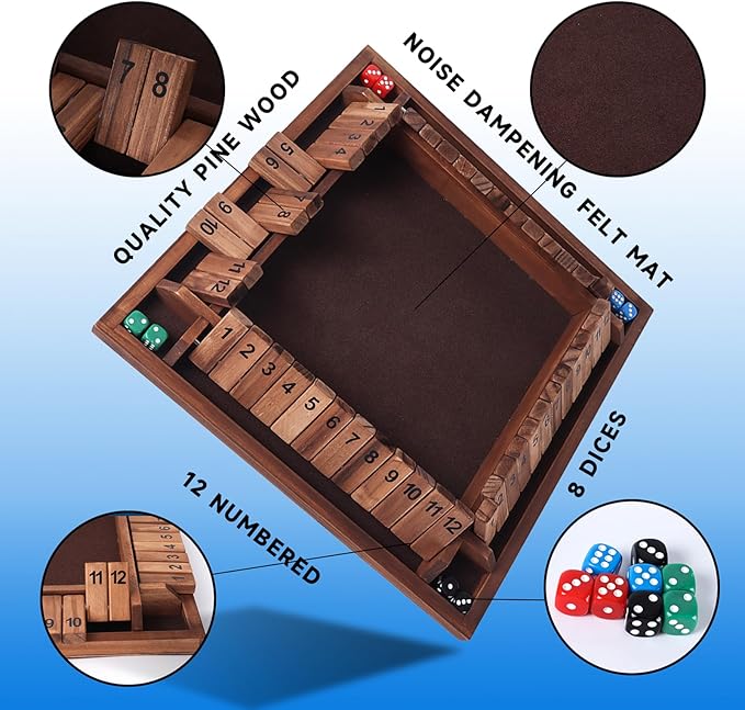 GSE Games &amp Sports Expert 1-4 Player Wooden Shut The Box Board Game with 8 Dice. 4-Way 12 Numbers Shut The Box Dice Set of Popular English Pub Board Game - Walnut
