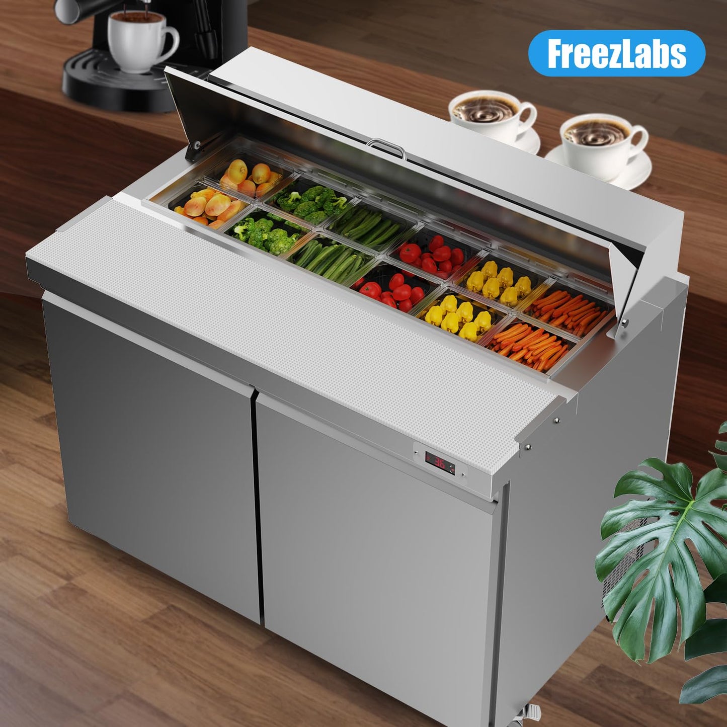 FreezLabs 48“ Commercial Refrigerator Sandwich&Salad Prep Table Fridge with 12 Pans 2 Door Stainless Steel Counter Fan Cooling Refrigerators