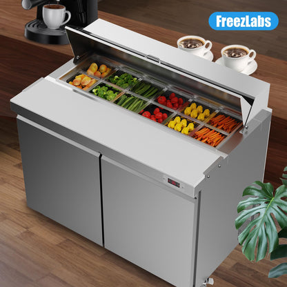 FreezLabs 48“ Commercial Refrigerator Sandwich&Salad Prep Table Fridge with 12 Pans 2 Door Stainless Steel Counter Fan Cooling Refrigerators