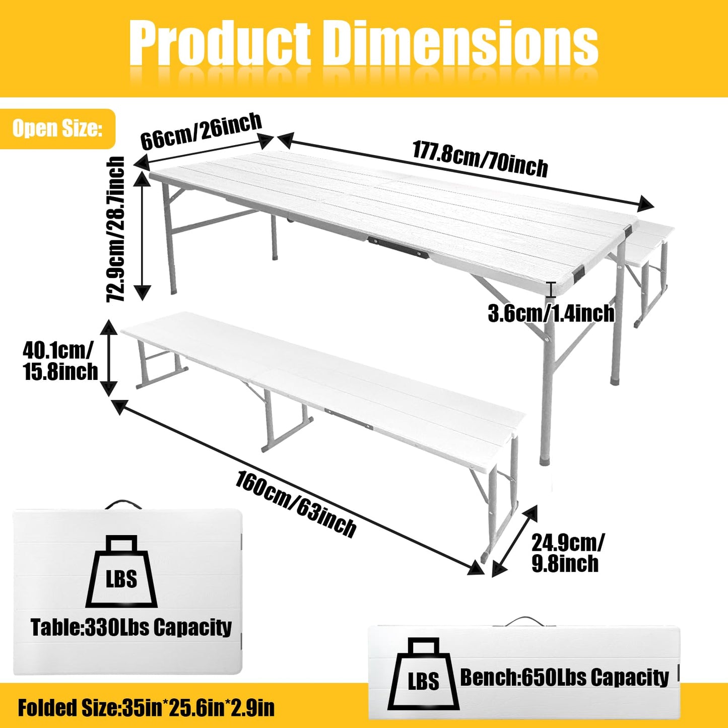 HiEthan Picnic Table Set with 2 Benches, 5FT Portable Folding Picnic Table for Indoor Outdoor, Camping Patio Dining, Heavy Duty Metal Frame, Compact Carry for Backyard, White