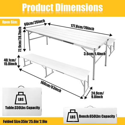 HiEthan Picnic Table Set with 2 Benches, 5FT Portable Folding Picnic Table for Indoor Outdoor, Camping Patio Dining, Heavy Duty Metal Frame, Compact Carry for Backyard, White