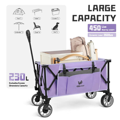 Whitsunday Folding Collapsible Utility Wagon, 400Lbs Heavy Duty Outdoor Park Beach Wagon with Table and Side Pocket for Garden Camping Sports Shopping Purple