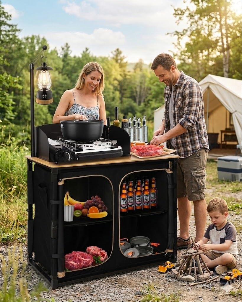 KingCamp Bamboo Camp Kitchen Table, Folding Overland Camping Table with Windscreen & Lantern Pole, Portable Outdoor Cooking Organizer with Storage Cabinets for RV Trip, Tailgating, BBQ, Picnic
