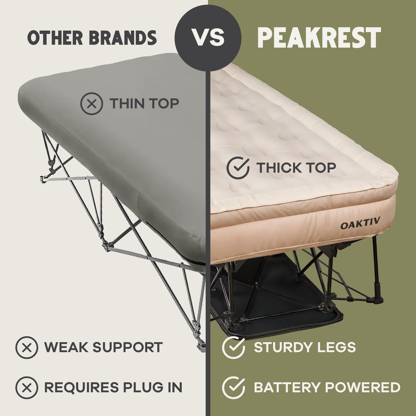 Oaktiv Twin Air Mattress with Frame, Self Inflating/Deflating Bed for Adults - PeakRest Blow Up Bed, Camping Cot with Mattress - Portable with Travel Rolling Case on Wheels