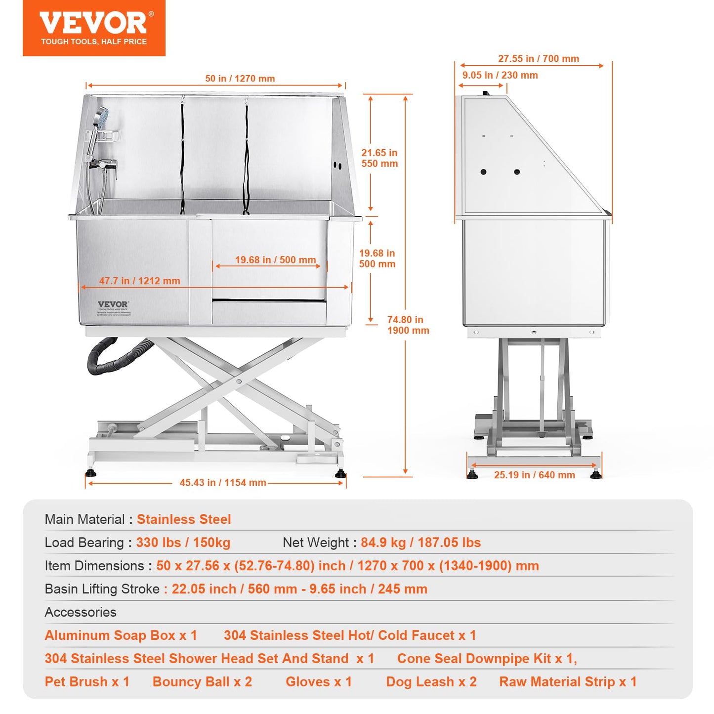 VEVOR 50" Pet Dog Bathing Station Electric Height Adjustment, Professional Stainless Steel Dog Grooming Tub w/Soap Box, Faucet,Rich Accessory,Bathtub for Multiple Pets, Washing Sink for Home(Right)