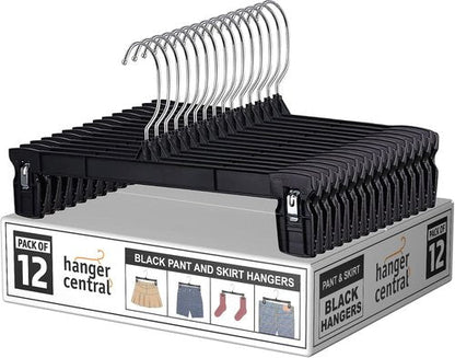 Hanger Central 12 Inch Slim Pants Hangers - Heavy Duty Non-Slip Clips for Skirts & Shorts | 12 Pack - Black