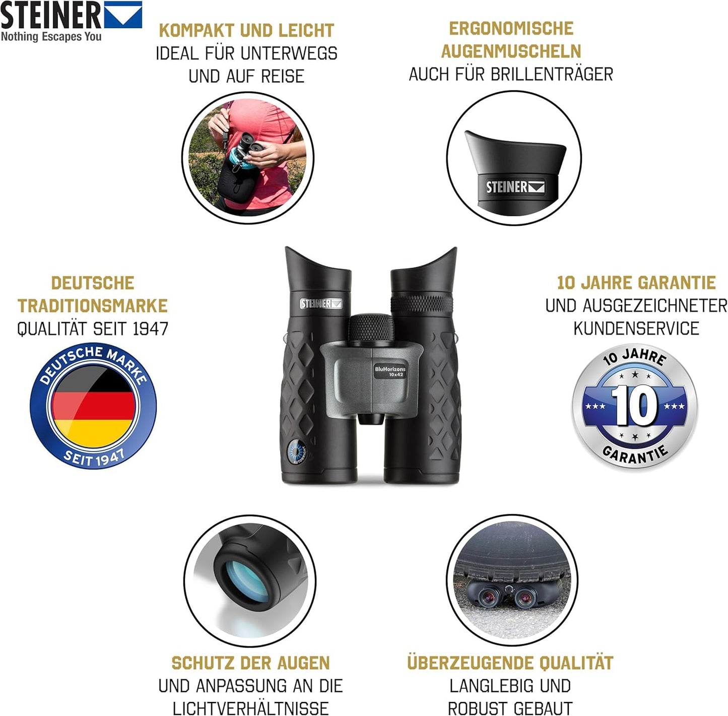 Steiner BluHorizons 10x26 Binoculars - Unique Lens Technology, Eye Protection, Compact, Lightweight - Ideal for Outdoor Activities and Sporting Events