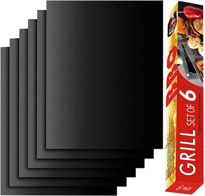 Renook Grill Mat Set of 6 | 100% Non-Stick Reusable Mats for Easy Cleaning - 15.75 x 13-Inch, Black