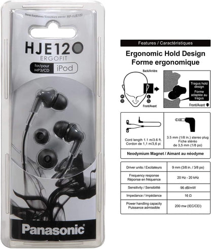 Panasonic ErgoFit Wired Earbuds, 3.5mm Jack Wired Headphones with Dynamic Crystal-Clear Sound and Ultra Soft Ergonomic Custom-Fit Earpieces (S/M/L), for Phones and Laptops, RP-HJE120-K (Black)