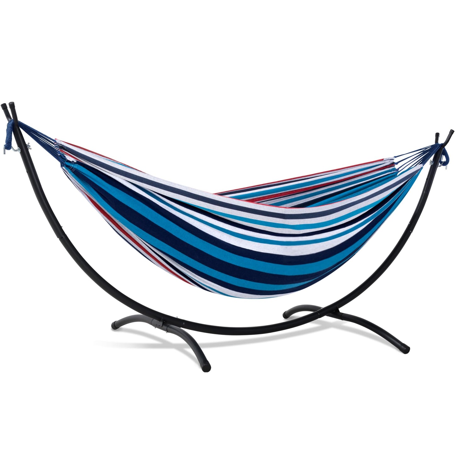 SUNCREAT Hammocks for Outside with Stand, Porch Hammock and Stand, 475 lbs Capacity, Blue & Red Stripes