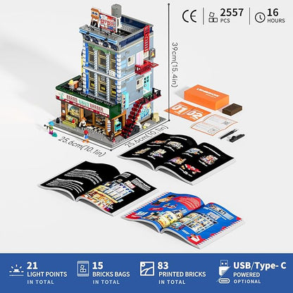 Barbershop Lighting Building Bricks Set - Street Fusion City Town Modular Playset Collection Display kit with Minifigures 2557 Pcs for Adults &amp Teens &amp Life Enthusiasts