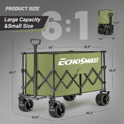 EchoSmile Collapsible Foldable Extended Wagon with 500Lbs Weight Capacity, 300L Folding Utility Wagon Cart with Big All-Terrain Wheels for Beach,Sport,Garden&Grocery (Green)