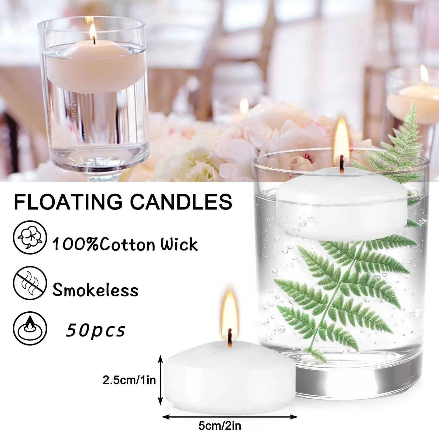YOROXRG 50 Pack of 2-Inch White Floating Candles - Ideal for Weddings, Home Décor, Spa Baths, and Romantic Settings