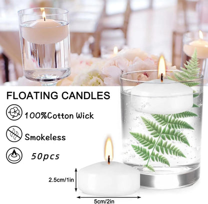 YOROXRG 50 Pack of 2-Inch White Floating Candles - Ideal for Weddings, Home Décor, Spa Baths, and Romantic Settings