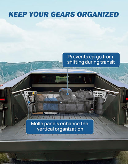 JOYTUTUS Truck Bed Divider Compatible with Cybertruck 2025 2024 2023 Cargo Divider Organizer Steel Molle Panels with Cargo Divider Net Cybertruck Accessories