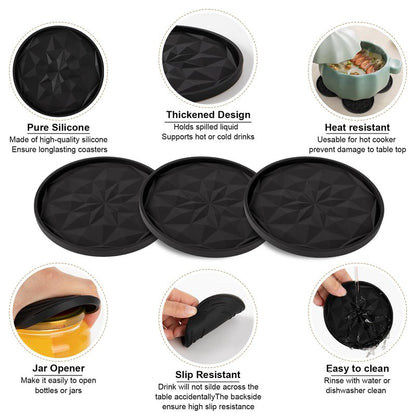 OIAHOMY 8 Pcs Coasters with Holder for Beer, Coffee, Silicone Coaster Set for Table Decor for Kitchen, Bar, Dining Room, Living Room, Housewarming Gifts - Black