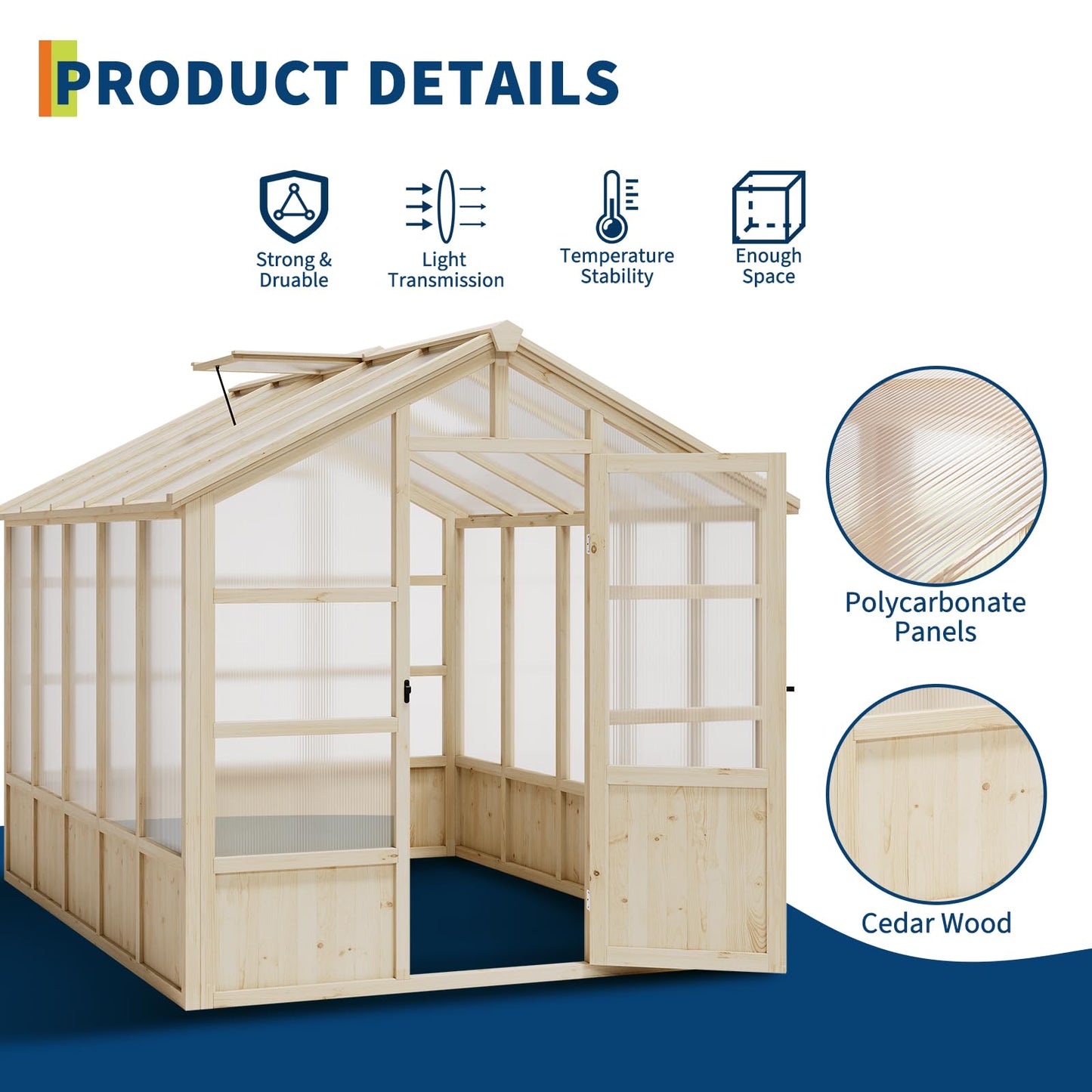 10x8FT Greenhouses for Outdoors, Wooden Greenhouse with Lockable Door, Wood Frame & Adjustable Vent, Polycarbonate Panel Heavy Duty Greenhouse for Outside, Garden, Yard, Light Brown