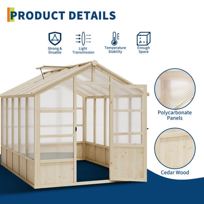 10x8FT Greenhouses for Outdoors, Wooden Greenhouse with Lockable Door, Wood Frame & Adjustable Vent, Polycarbonate Panel Heavy Duty Greenhouse for Outside, Garden, Yard, Light Brown