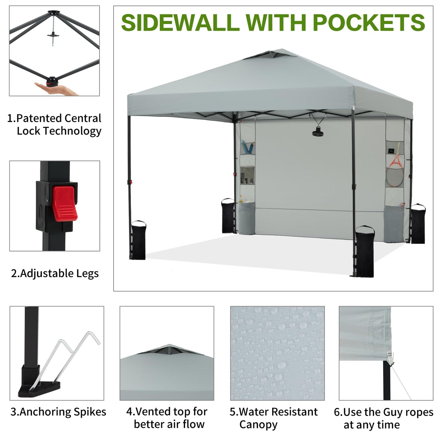 Tunbne 10'x10' Pop Up Canopy Tent with 1 Sidewall and 6 Pockets, One Push Setup, Instant Shade Tent with Vented Roof for Beach Patio Outdoor, Case, 8 Stakes, 4 Ropes, 4 Sandbags (Light Gray, 10x10)