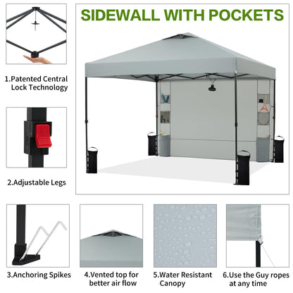 Tunbne 10'x10' Pop Up Canopy Tent with 1 Sidewall and 6 Pockets, One Push Setup, Instant Shade Tent with Vented Roof for Beach Patio Outdoor, Case, 8 Stakes, 4 Ropes, 4 Sandbags (Light Gray, 10x10)