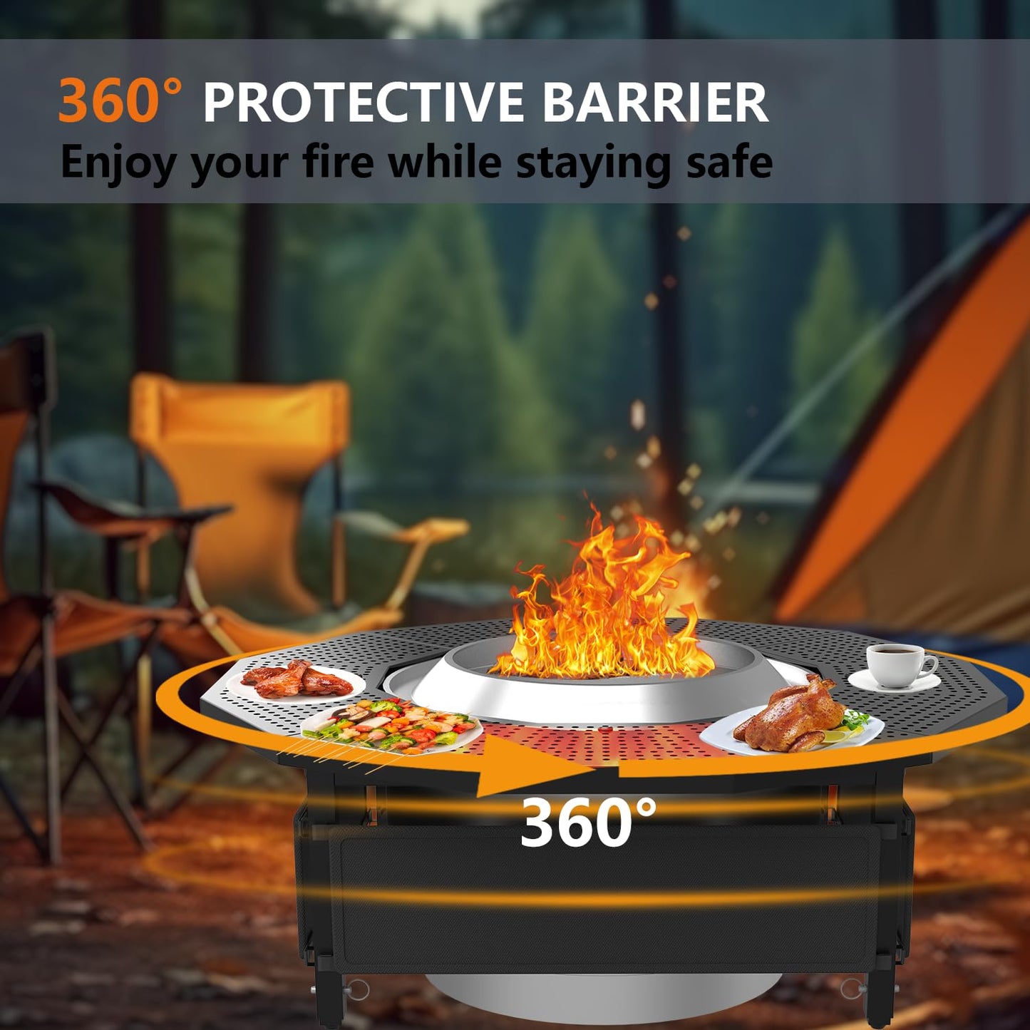 Hupsjer Fire Pit Surround Tabletop Use for Solo Stove Bonfire Ranger Yukon 2.0, with Coated Steel and UV-Resistant Outdoor Fabric, Adjustable Tabletop for Solo Stove Bonfire Accessories, Thick Metal