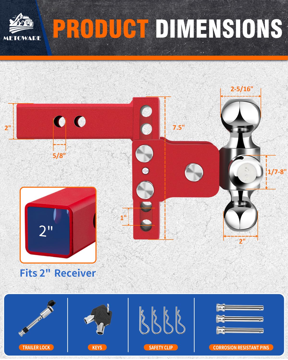METOWARE Adjustable Trailer Hitch for 2" Receiver - 14,000 LBS GTW Heavy Duty Drop Hitch, 4" Drop/Rise, Tri-Ball (1-7/8" 2" 2-5/16") STOWABLE & Secure Design with Anti-Theft Hitch Lock, Red