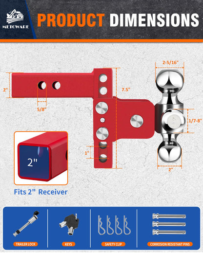 METOWARE Adjustable Trailer Hitch for 2" Receiver - 14,000 LBS GTW Heavy Duty Drop Hitch, 4" Drop/Rise, Tri-Ball (1-7/8" 2" 2-5/16") STOWABLE & Secure Design with Anti-Theft Hitch Lock, Red