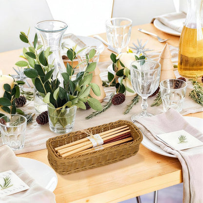 Cabilock 2pcs Wicker Cutlery Basket, Rectangular Woven Storage Bins for Kitchen Drawer, Rattan Utensil Organizer Tray, Flatware Silverware Holder for Dining Table Countertop