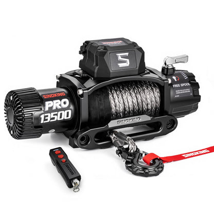 SINOKING PRO Series 13500 lb Electric Winch, 12V Towing Winch, Synthetic Rope, 2-in-1 Wired/Wireless Remote, Waterproof IP67, 7 HP Motor for Jeep, SUV, Truck & Trailer