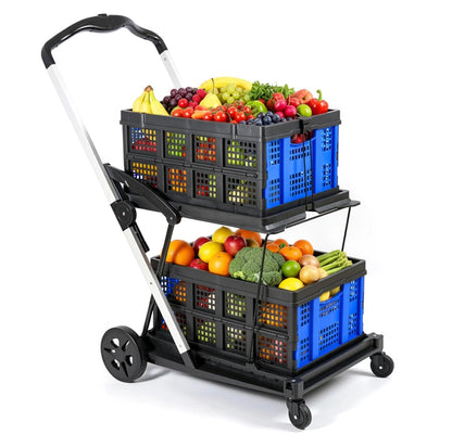 Collapsible Shopping Cart on Wheels, Folding Shopping Cart with 360° Swivel Wheels, Multi Use Utility Cart Adjustable Portable Trolley with 2 Storage Crate, Used for Picnic, Supermarket, Blue
