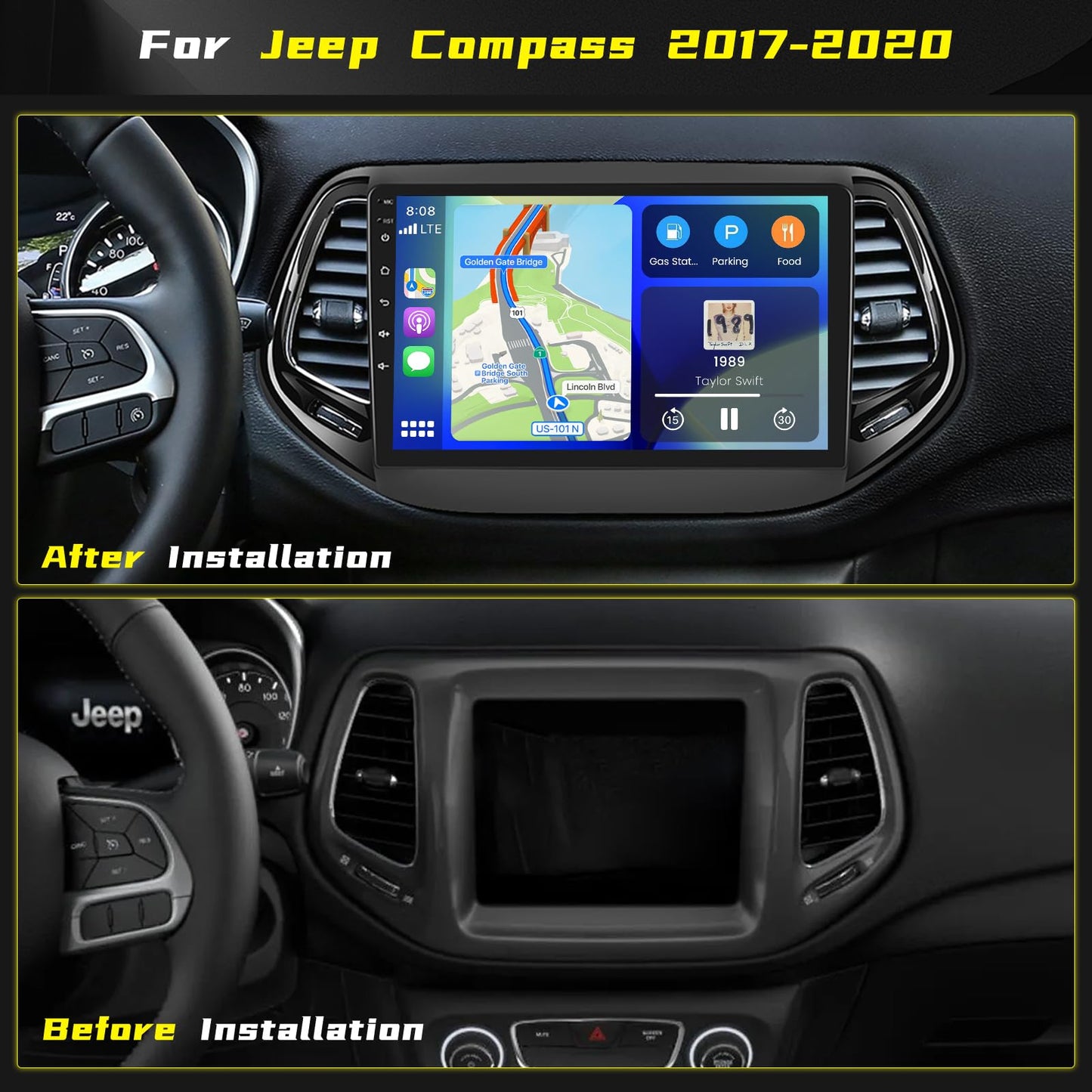 [4Core 64G] Android 15 Car Stereo for Jeep Compass 2017 2018 2019 2020, Hikity 9'' Touchscreen Compass Radio Wireless Carplay Android Auto GPS Bluetooth 5G WiFi Mirror Link FM/RDS/EQ SWC Backup Camera